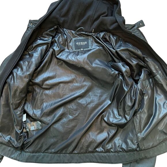 GUESS Black Hooded Lightweight Vegan Faux Leather Moto Zip Jacket - Picture 6 of 16
